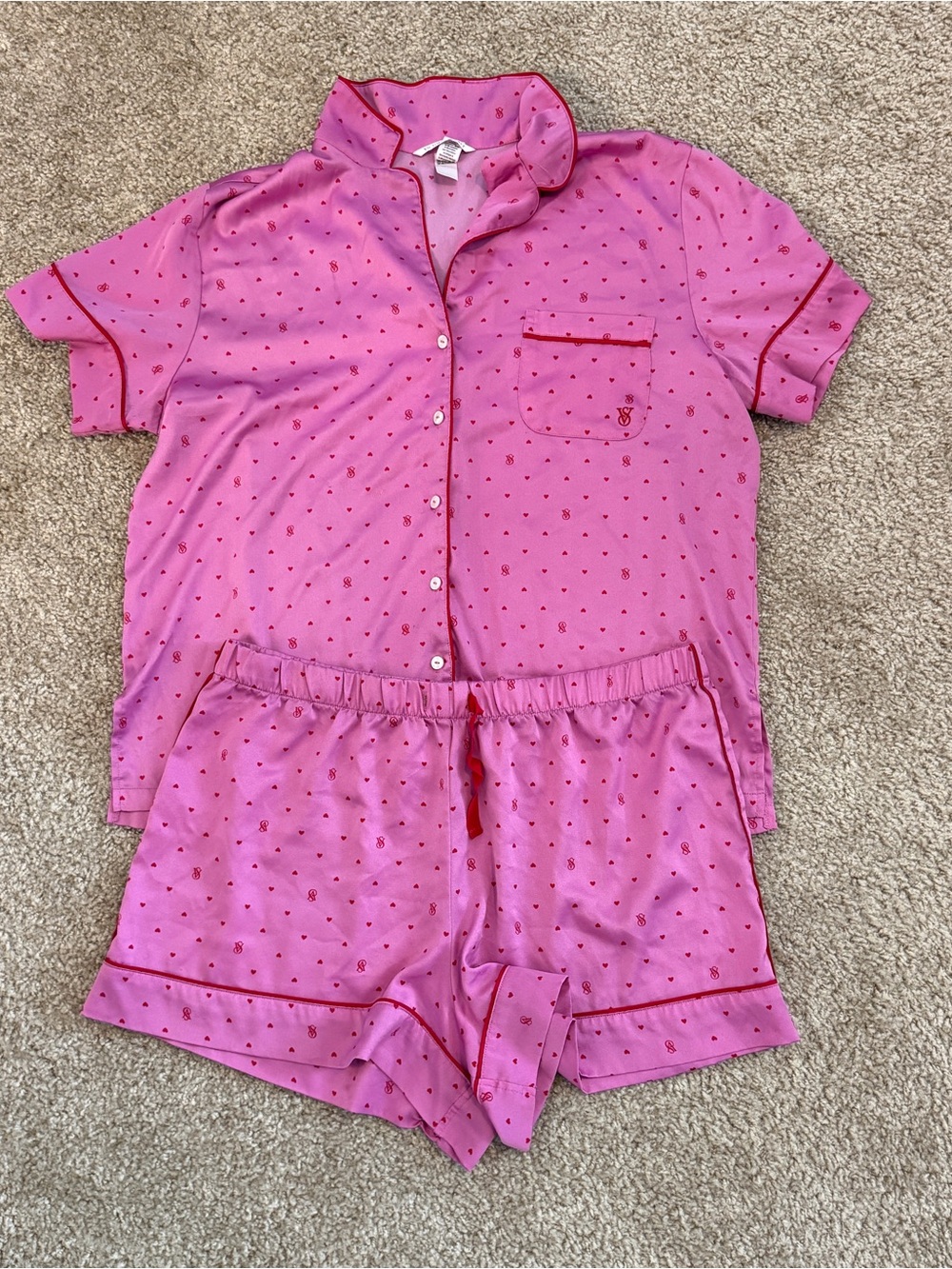 Victoria's Secret satin pink heart pajama set, size L